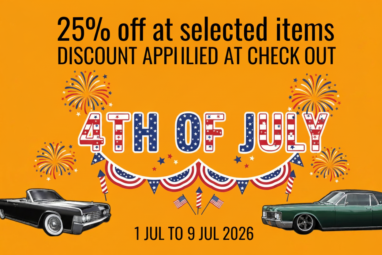 Promotional banner with vintage cars, Easter eggs, and discount information on an orange background